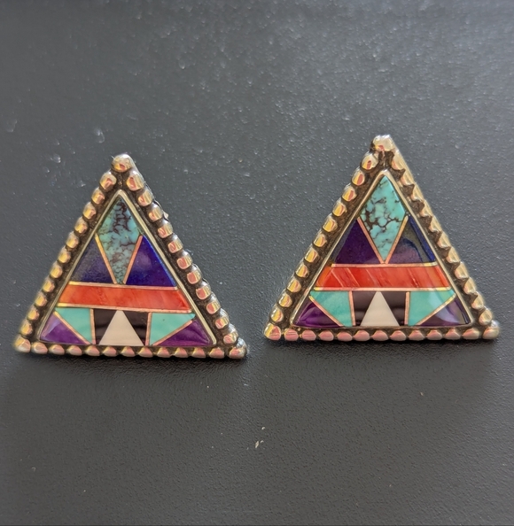 Vintage Native American Zuni Multistone Earrings - Picture 2 of 9